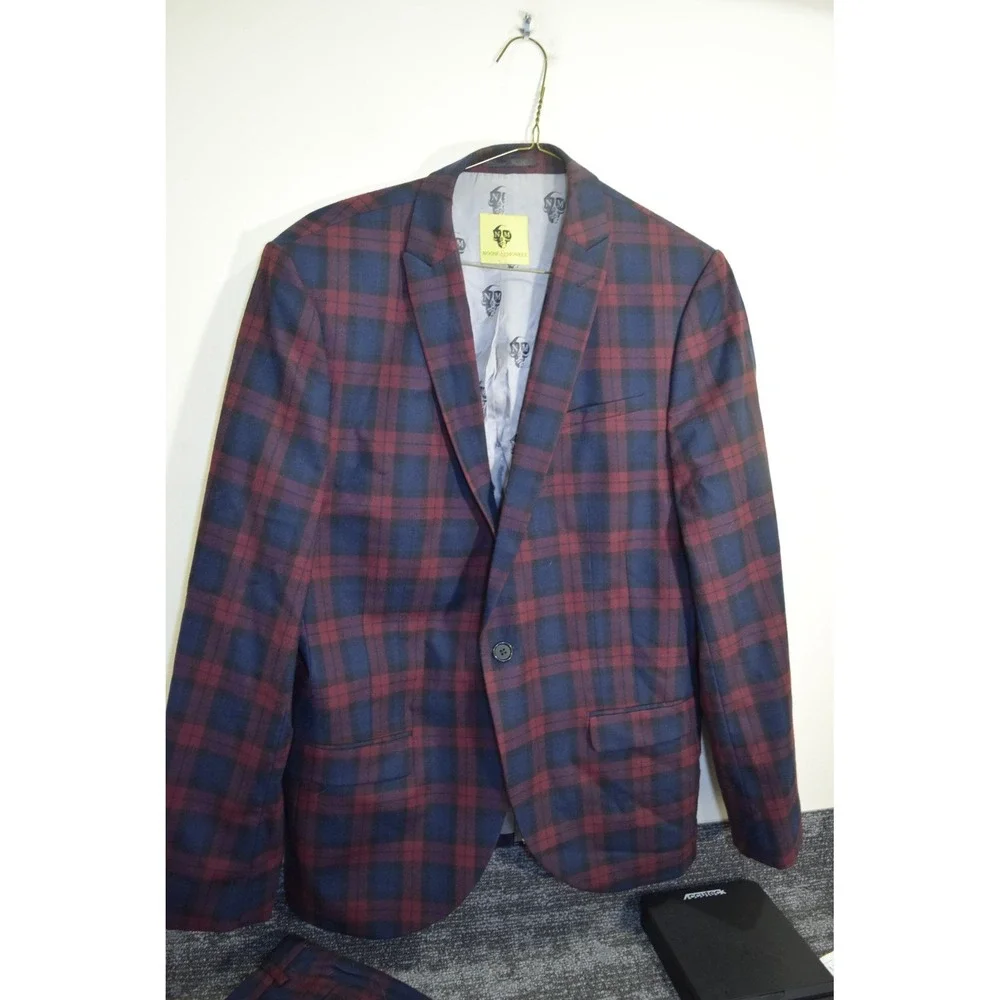Noose & Monkey Plaid 3 Piece Suit Blazer Vest Pants MENS 44 Reg 36x32 Christmas